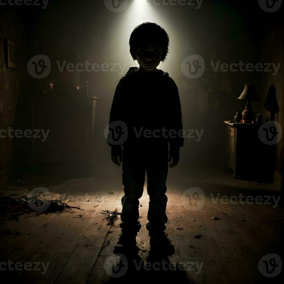 ai gegenereerd donker silhouet van kind in griezelig kamer ai generatief foto