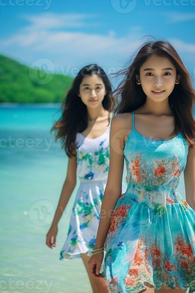 ai gegenereerd twee Indonesisch Dames in kleurrijk jurken staand Aan de strand foto
