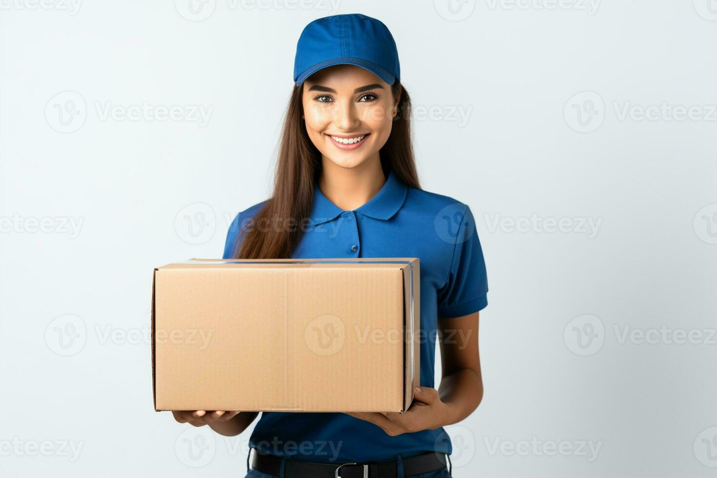 ai gegenereerd een glimlachen vrouw in blauw overhemd Holding een karton doos. levering vrouw overhandigen karton doos foto