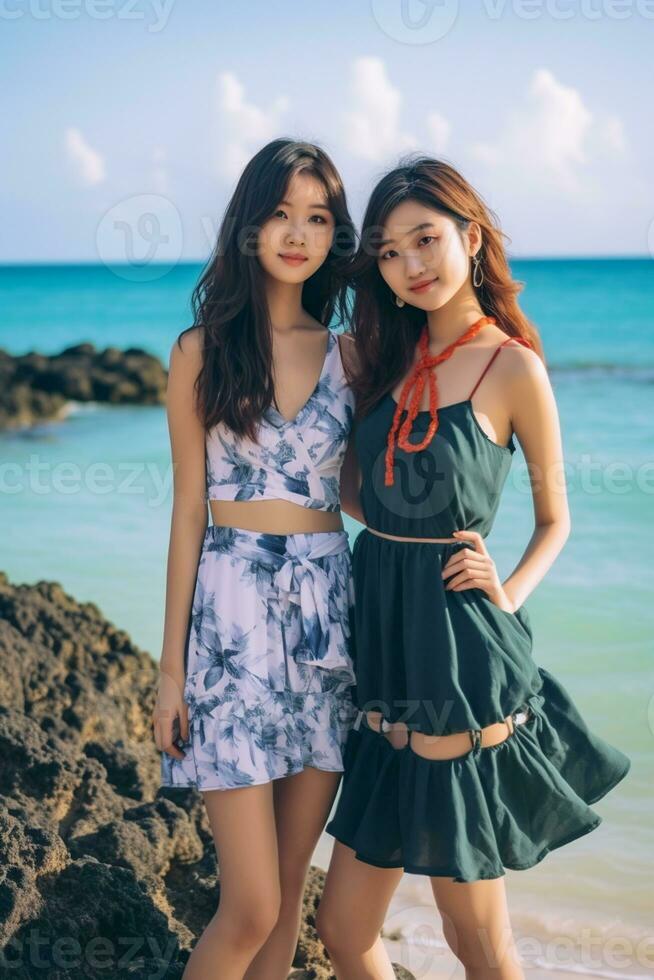 ai gegenereerd twee Japans Dames in jurken staand Aan de strand foto