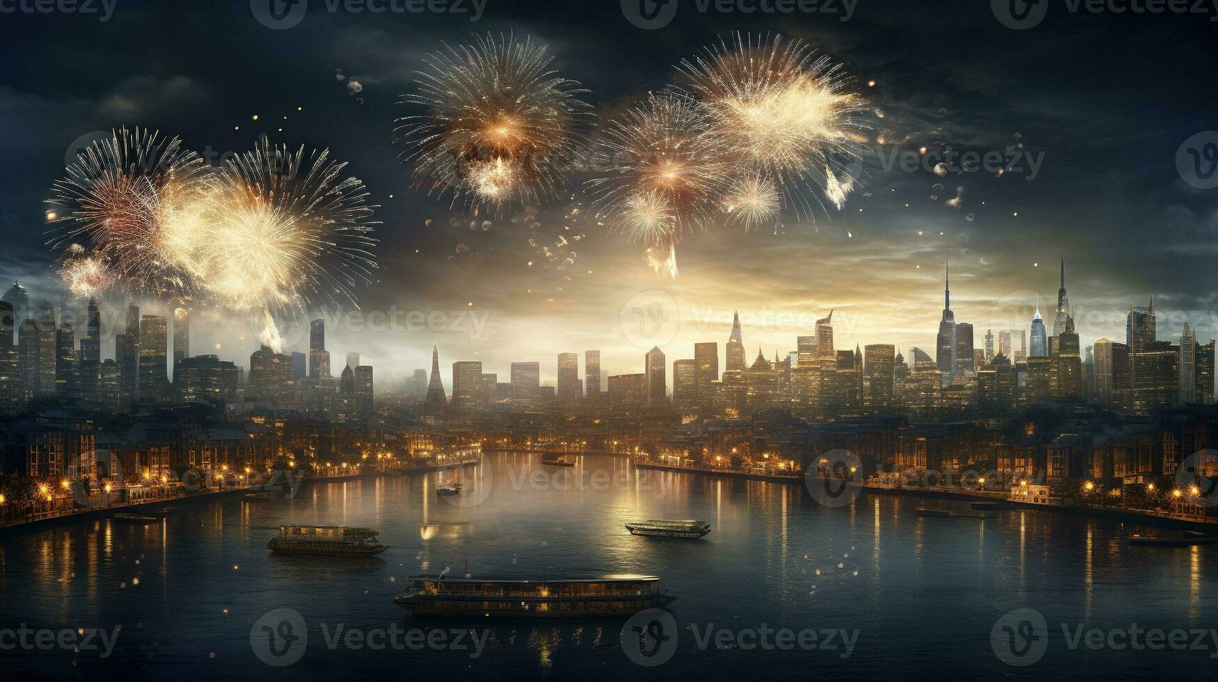 ai gegenereerd panoramisch visie van stad met vuurwerk gastvrij nieuw jaar vooravond foto