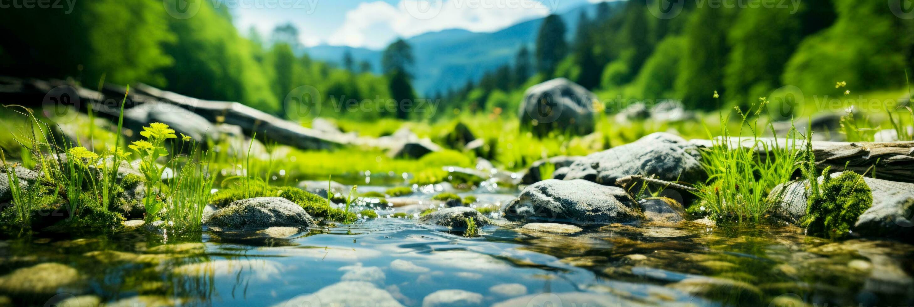 ai gegenereerd houten podium mockup staat leeg tegen een natuurlijk backdrop foto