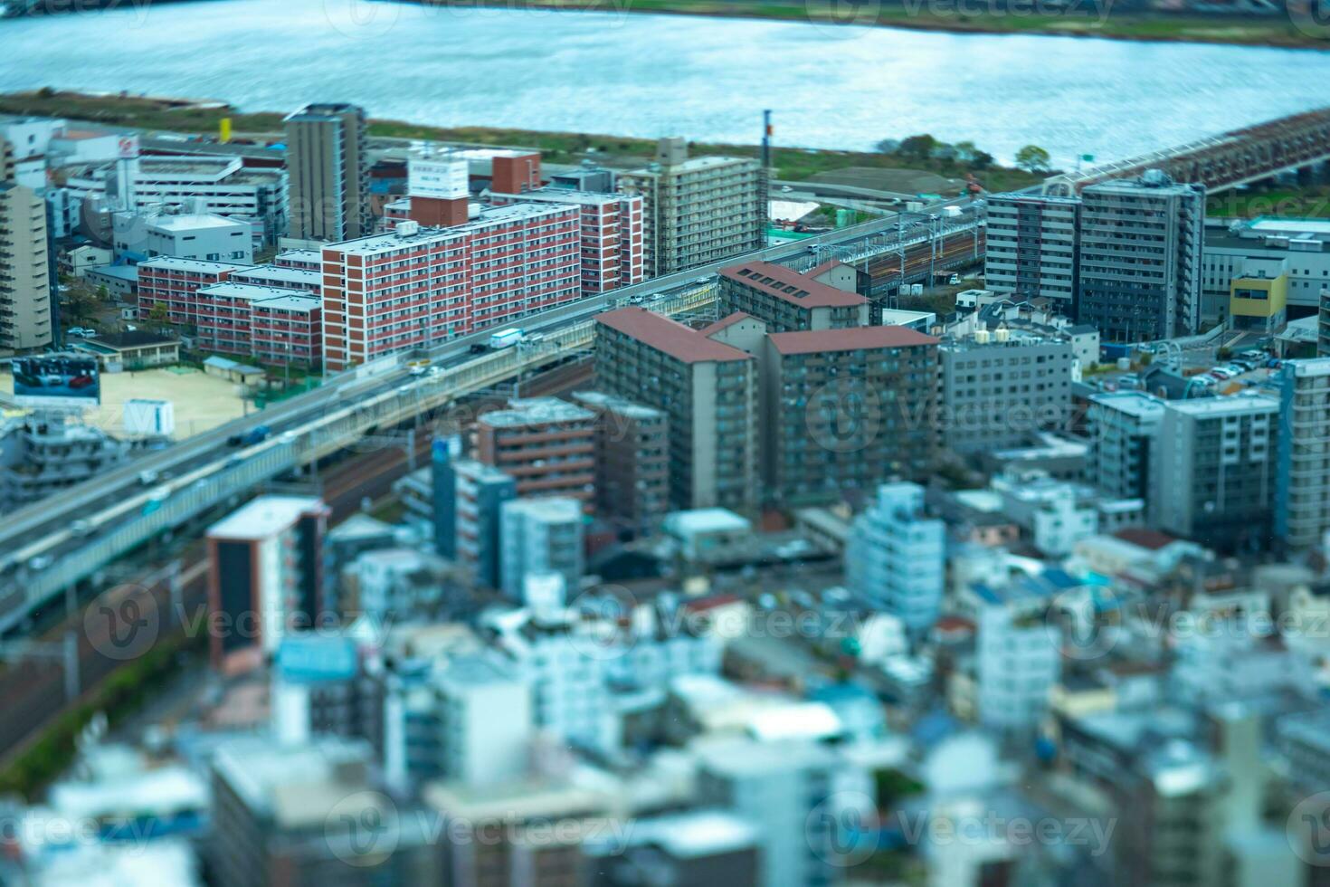 een miniatuur stadsgezicht in de buurt jodo rivier- in Osaka foto