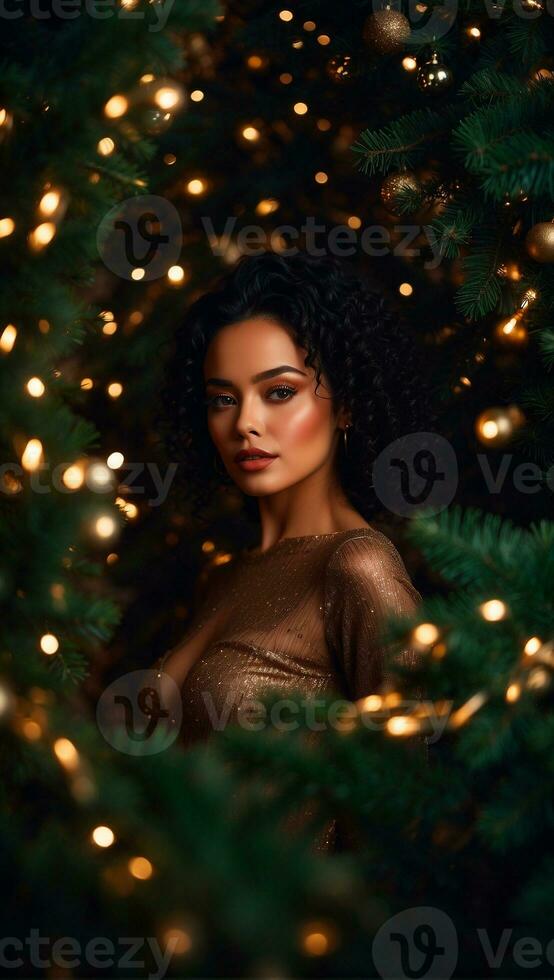 foto van een mooi vrouw in een Kerstmis boom met Kerstmis bomen achter haar ai gegenereerd
