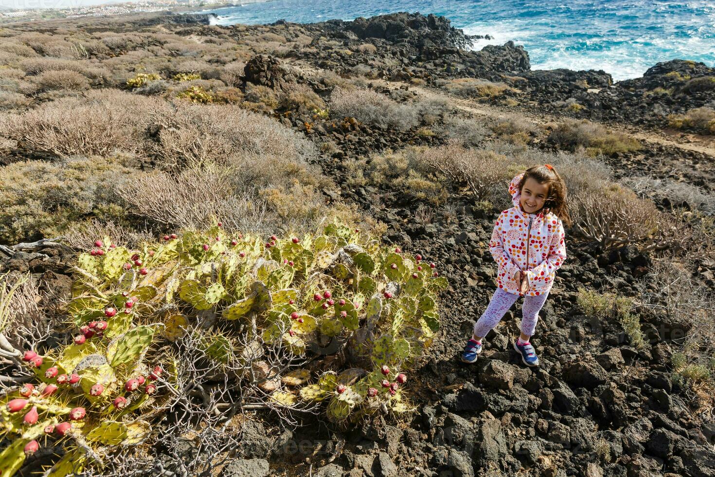 weinig meisje staat in de buurt een cactus Aan de eiland van Tenerife foto