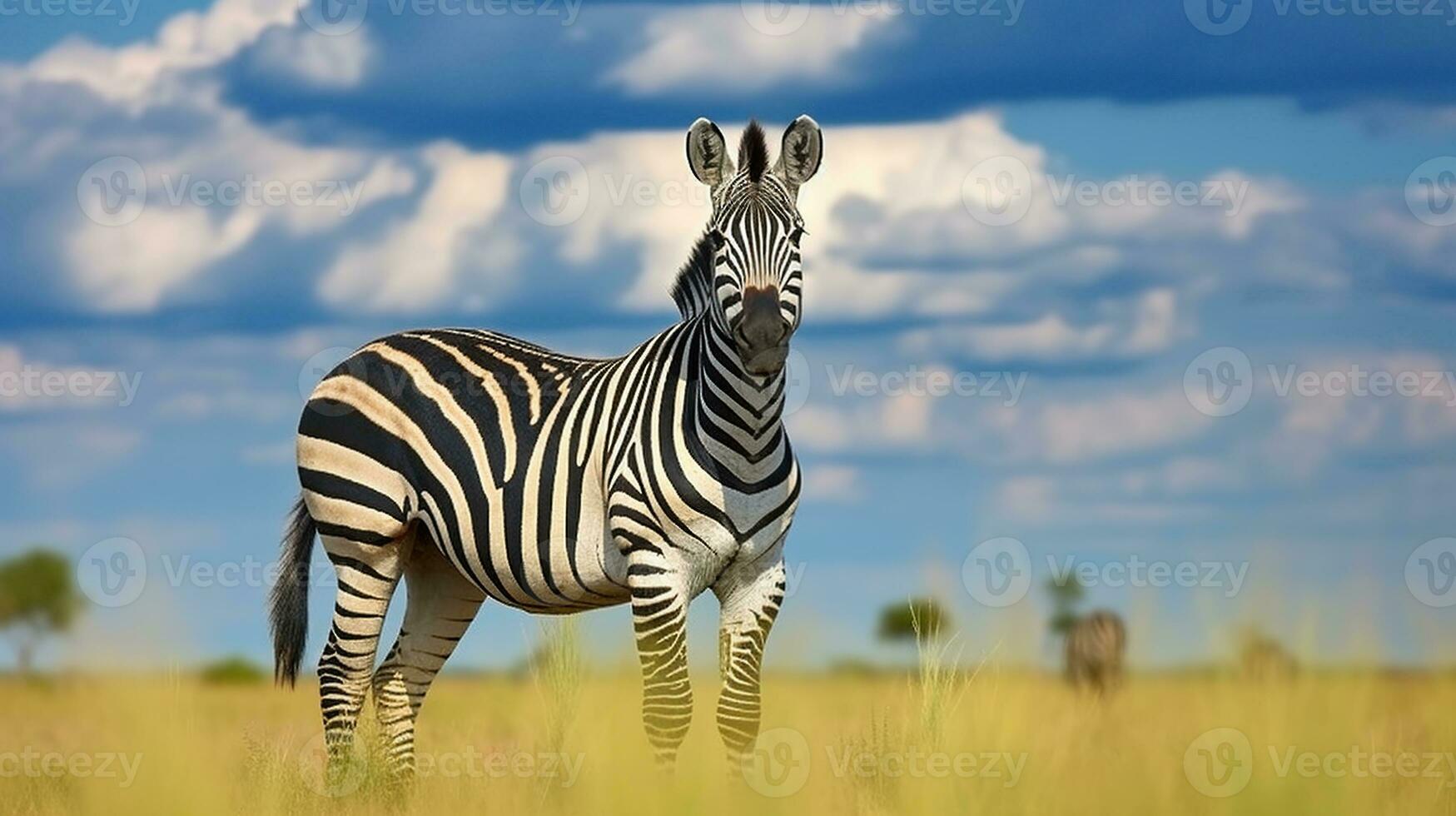 zebra met blauw storm lucht. van Burchel zebra, Botswana, Afrika. wild dier Aan de groen weide. generatief ai foto