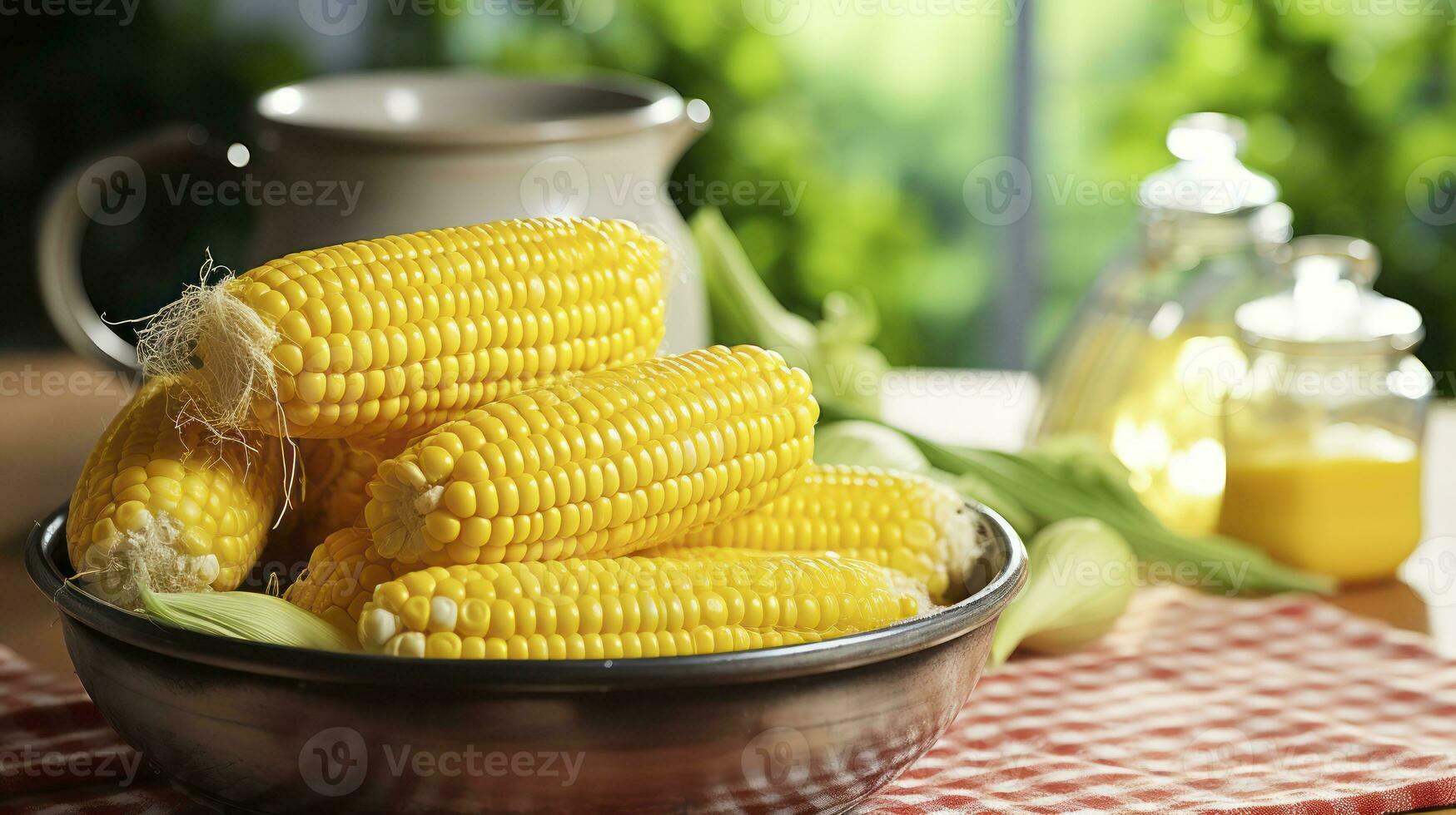 zonnig kant van avondeten. maïs in een kom Aan hout tafel Aan helder achtergrond. generatief ai foto