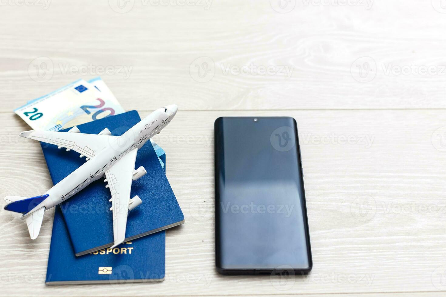 mockup beeld van mobiel smartphone , vliegtuig en controleren boek geïsoleerd Aan wit achtergrond. bedrijf technologie reis en reizen, salaris concept. foto