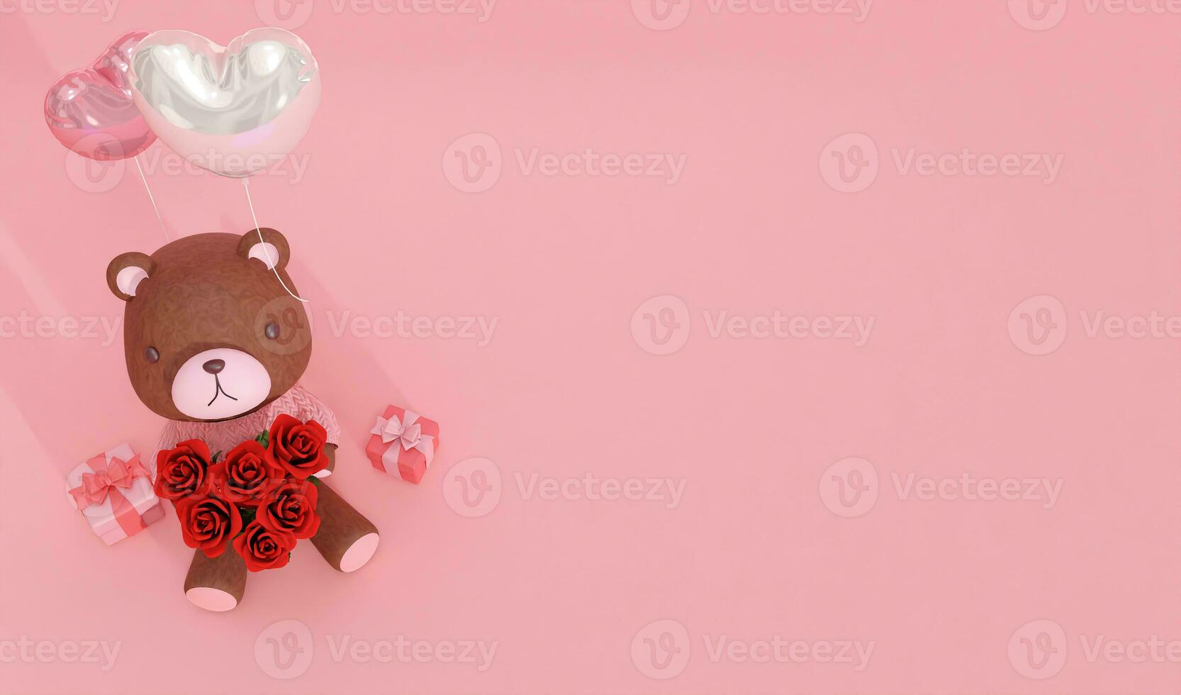 3d renderen achtergrond, schattig beer, hart ballonnen, geschenk doos, geschikt voor Valentijnsdag dag, bruiloften, verjaardagen, enz. foto