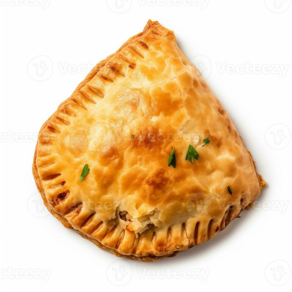 ai gegenereerd een hartig Cornish pasteuze deel top visie geïsoleerd Aan wit achtergrond foto