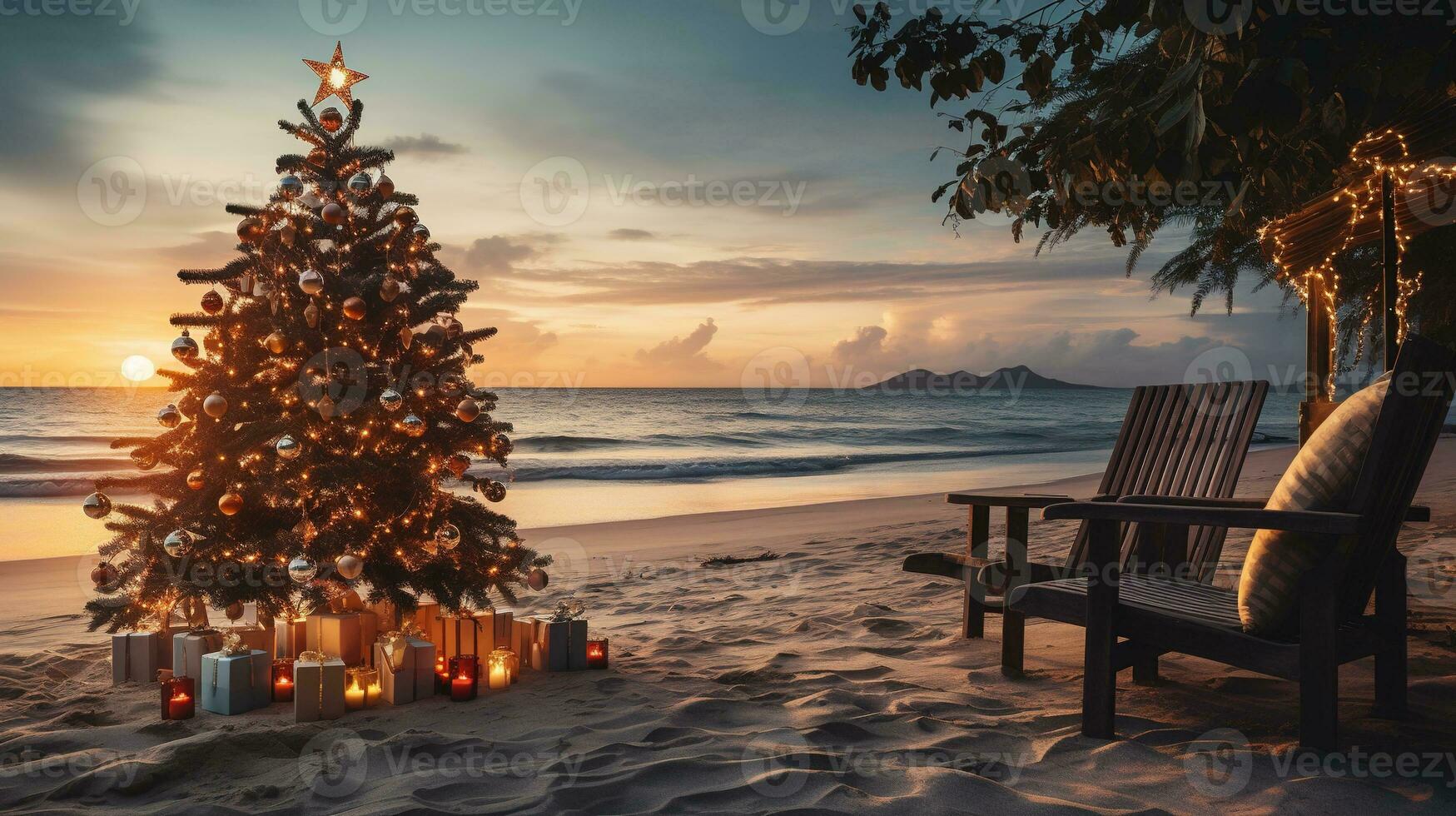 ai gegenereerd generatief ai, Kerstmis Aan de strand. geschenken, Kerstmis boom, palm, oceaan en stoelen. vakantie concept foto