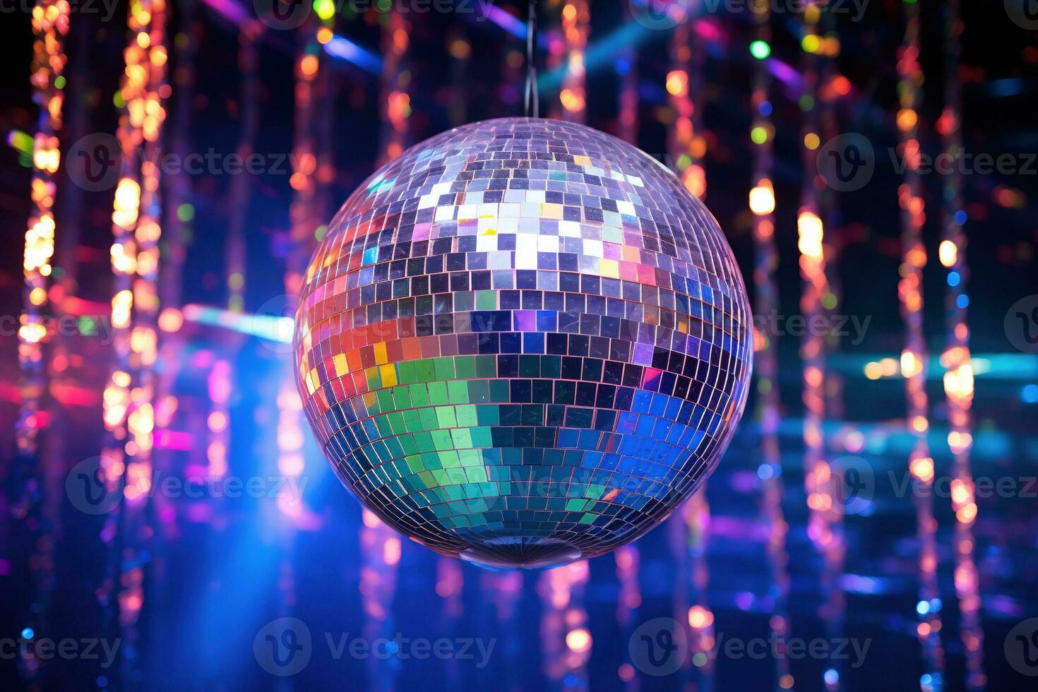 ai gegenereerd generatief ai, disco glimmend bal, partij reflecterend kleurrijk lichten voor muziek- uitzending, nacht Clubs, musical banners foto