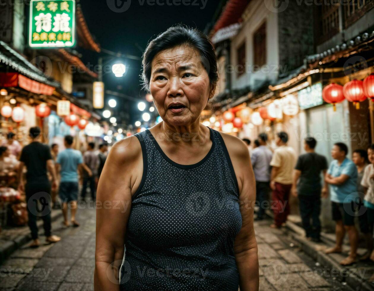 foto van senior oud vrouw met boos humeur in China lokaal straat markt Bij nacht, generatief ai