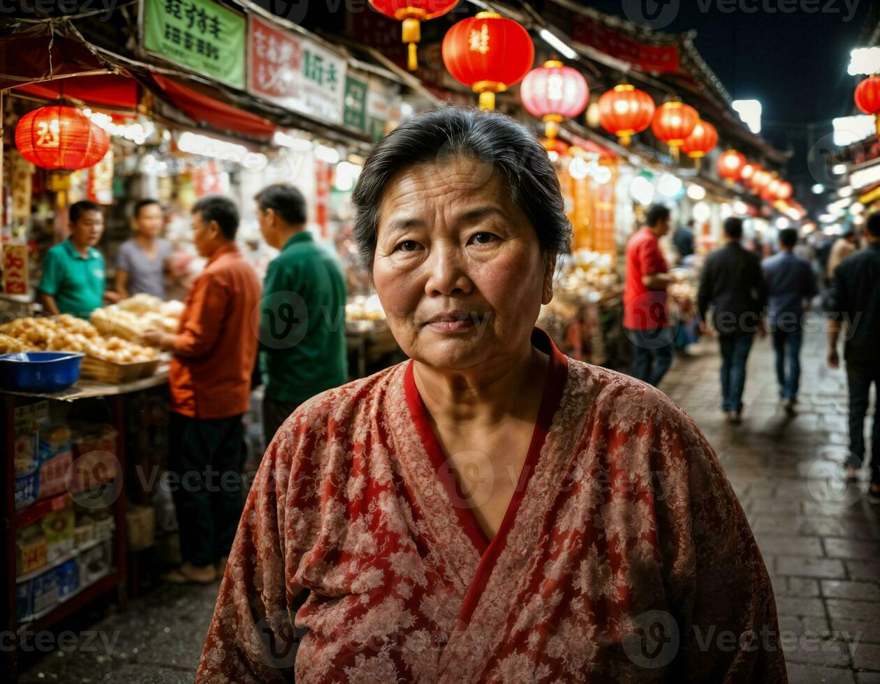 foto van senior oud verkoper vrouw in China lokaal straat markt Bij nacht, generatief ai