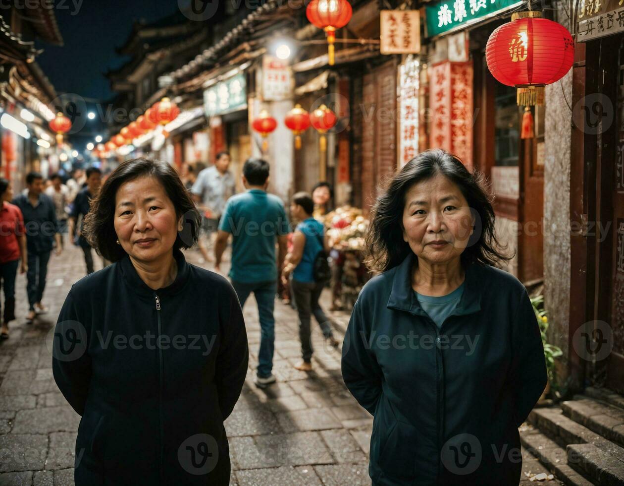 foto van senior oud vrouw met vrienden in China lokaal straat markt Bij nacht, generatief ai