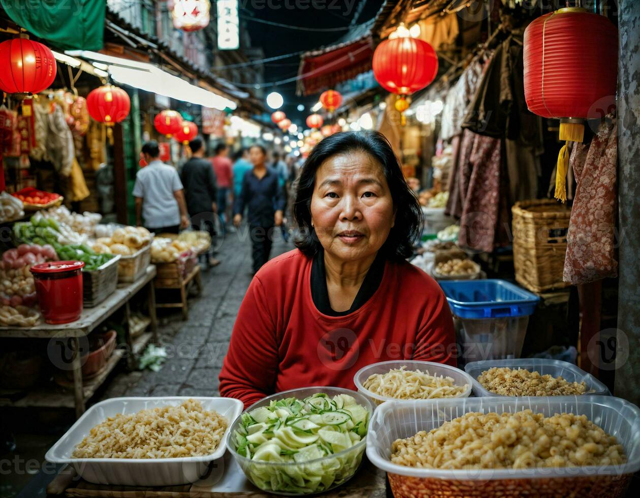 foto van senior oud verkoper vrouw in China lokaal straat markt Bij nacht, generatief ai