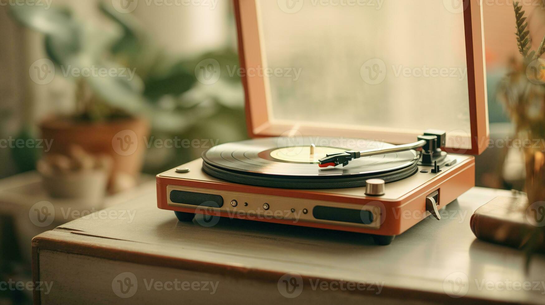 ai gegenereerd generatief ai, nostalgisch retro vinyl recorder, wijnoogst draaitafel speler, gedempt kleuren, esthetisch foto