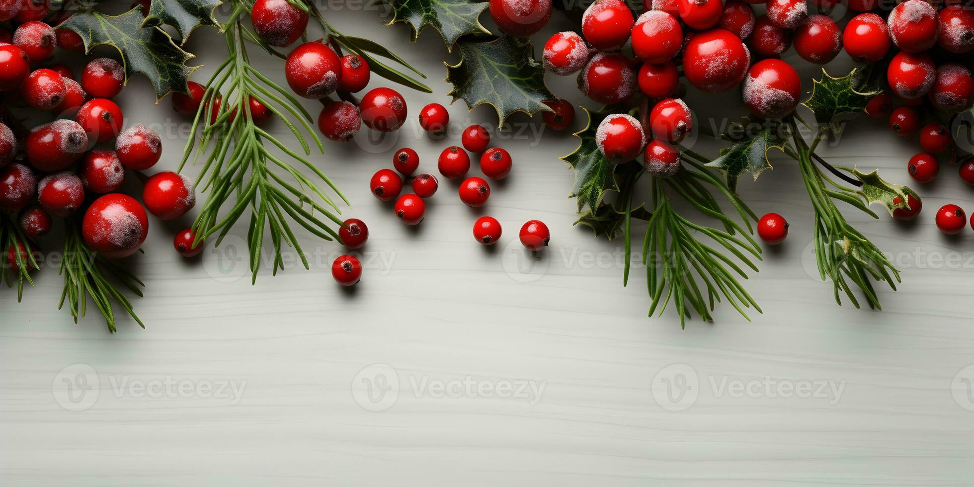 Kerstmis vlak leggen mockup banier met Spar boom takken en rood bessen Aan wit houten achtergrond met kopiëren ruimte. top visie van winter vakantie concept samenstelling. ai generatief foto