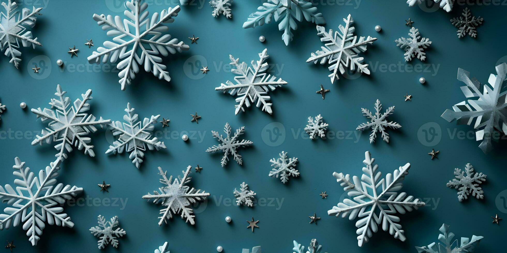 Kerstmis vlak leggen banier met sneeuwvlokken, winter besneeuwd patroon, dichtbij omhoog grafisch hulpbron Aan de donker marine blauw achtergrond. ai generatief foto