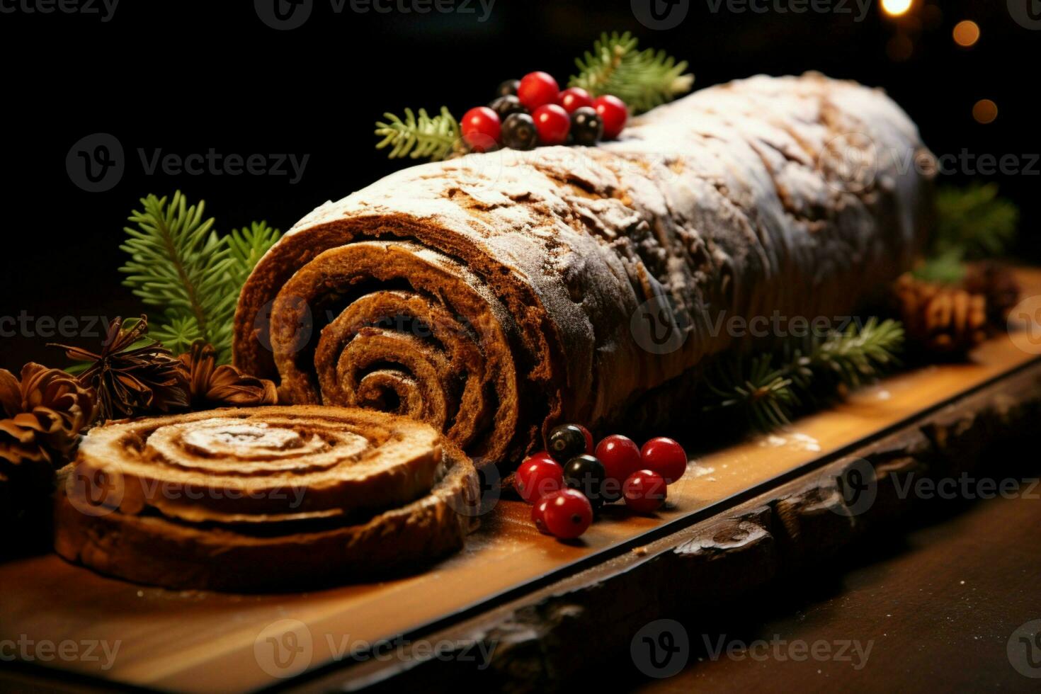 ai gegenereerd klassiek yule log een feestelijk traktatie Kerstmis taart gerold en versierd voor een verrukkelijk viering ai gegenereerd foto