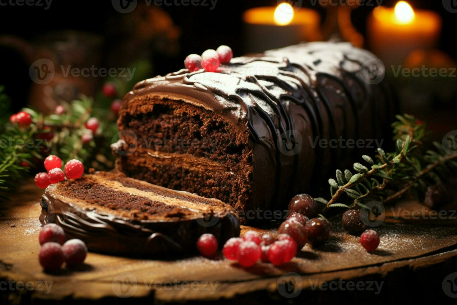 ai gegenereerd klassiek yule log een feestelijk traktatie Kerstmis taart gerold en versierd voor een verrukkelijk viering ai gegenereerd foto