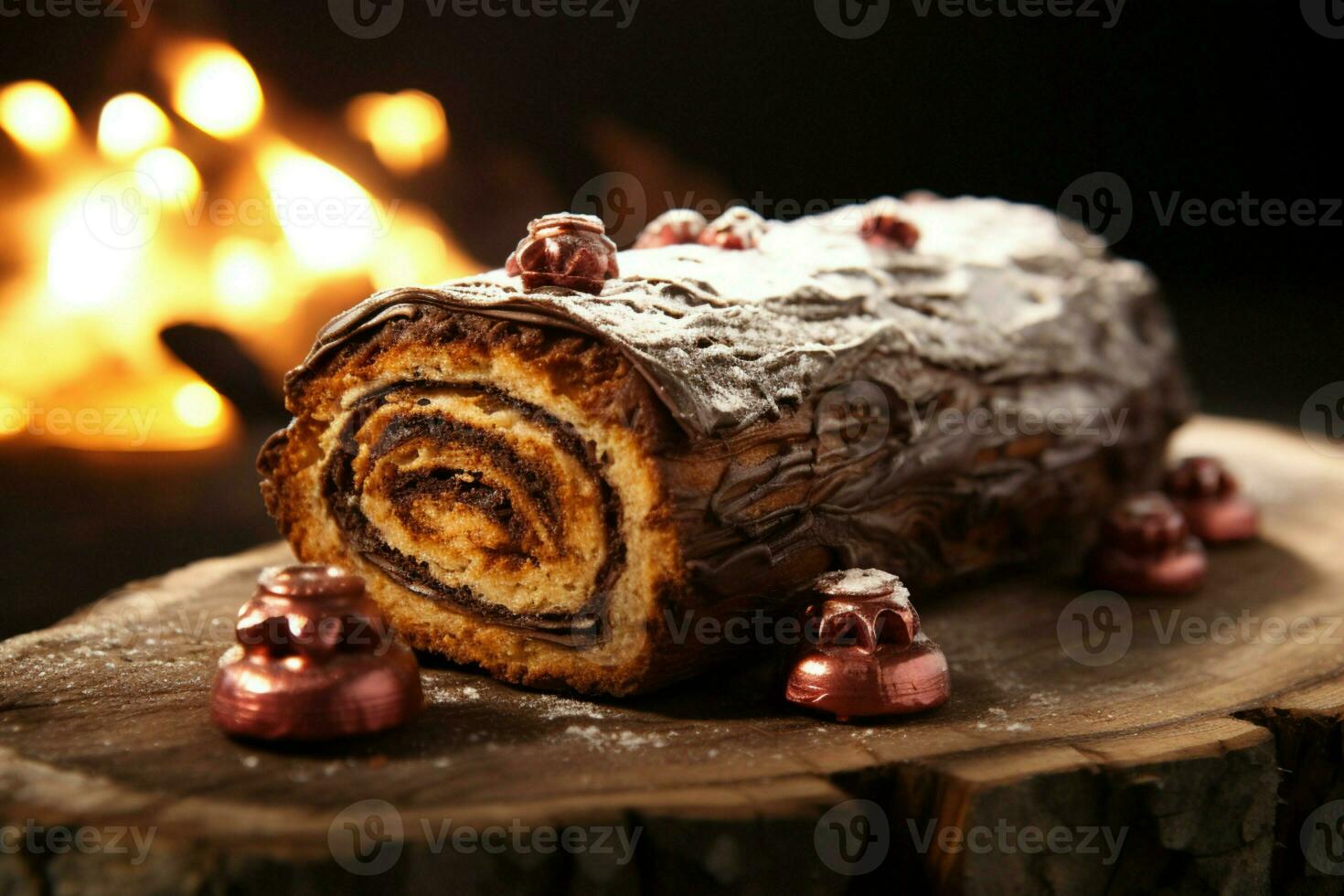 ai gegenereerd klassiek yule log een feestelijk traktatie Kerstmis taart gerold en versierd voor een verrukkelijk viering ai gegenereerd foto