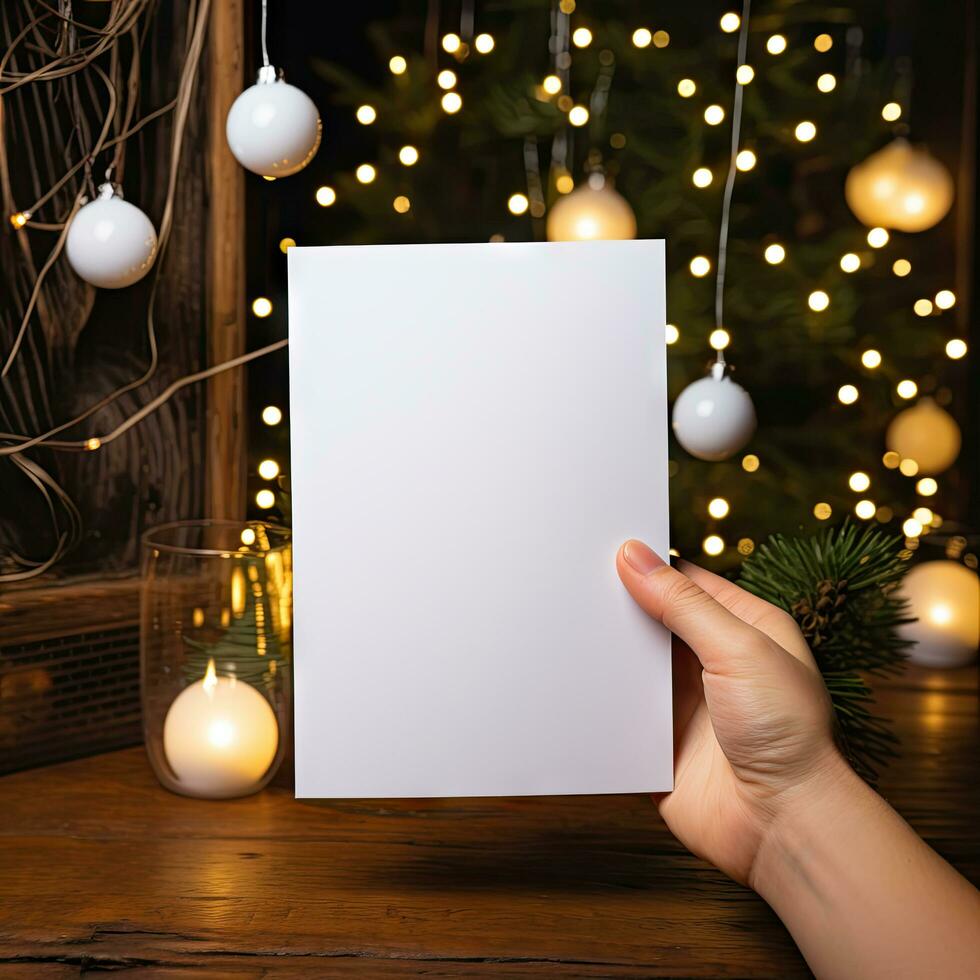 wit Kerstmis groet kaart bespotten omhoog gestileerd in feestelijk ornamenten en gloeiend vakantie achtergrond ,ai generatief foto