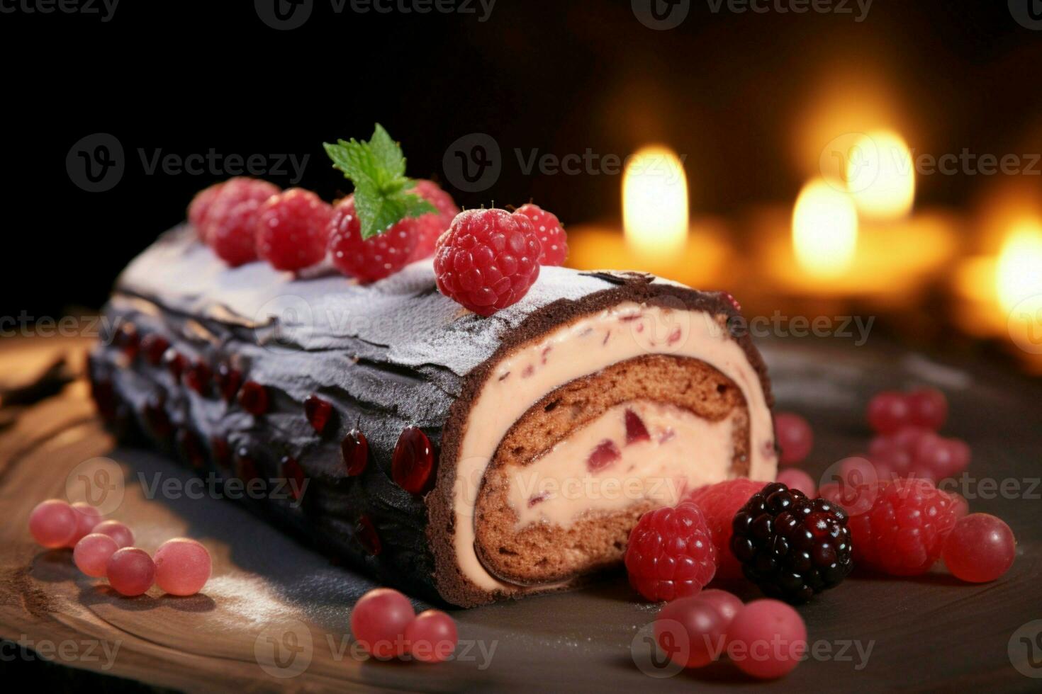 ai gegenereerd klassiek yule log een feestelijk traktatie Kerstmis taart gerold en versierd voor een verrukkelijk viering ai gegenereerd foto