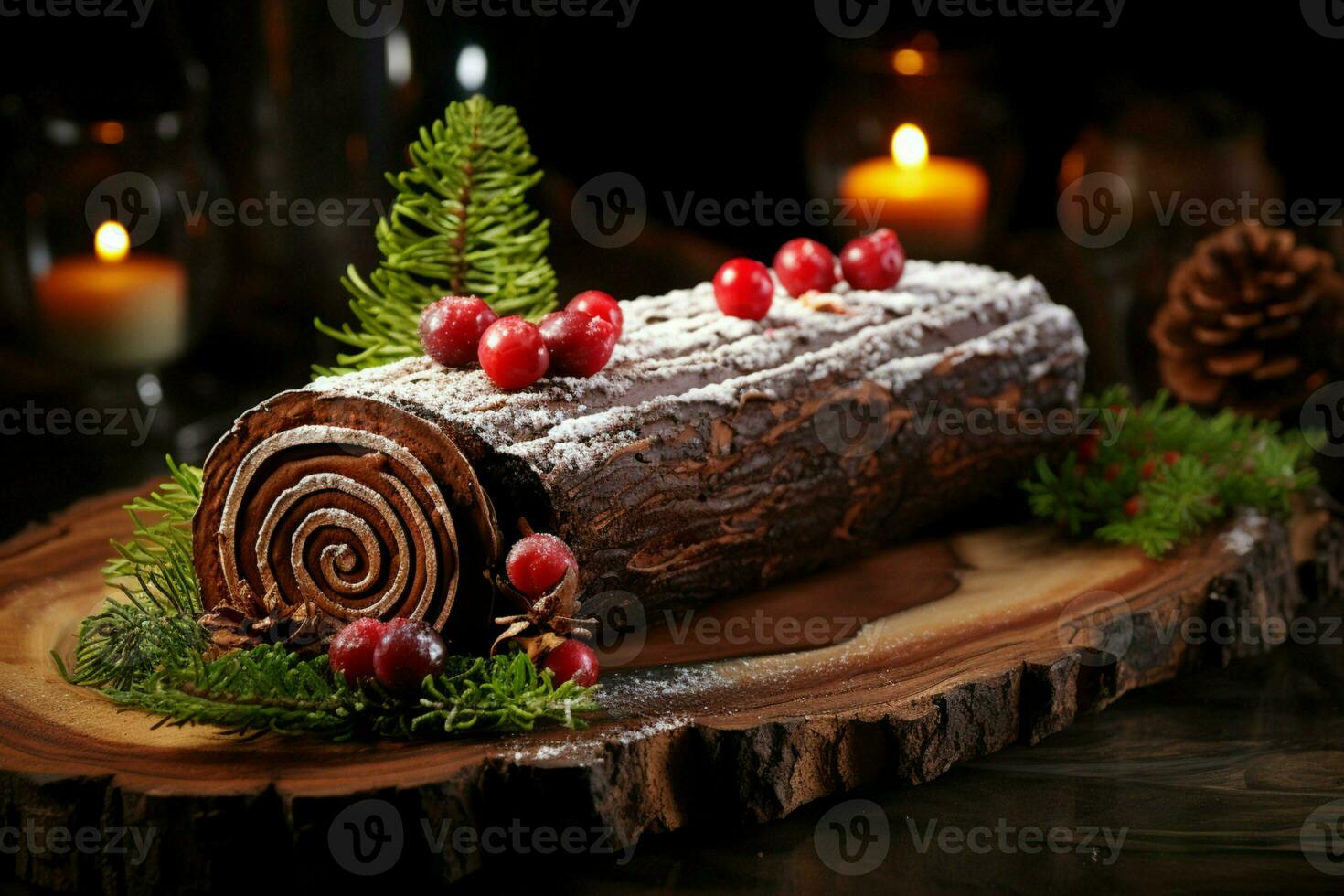 ai gegenereerd klassiek yule log een feestelijk traktatie Kerstmis taart gerold en versierd voor een verrukkelijk viering ai gegenereerd foto