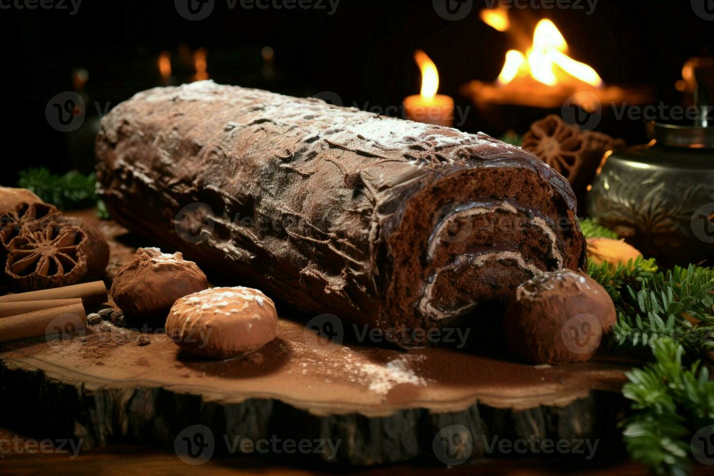 ai gegenereerd klassiek yule log een feestelijk traktatie Kerstmis taart gerold en versierd voor een verrukkelijk viering ai gegenereerd foto