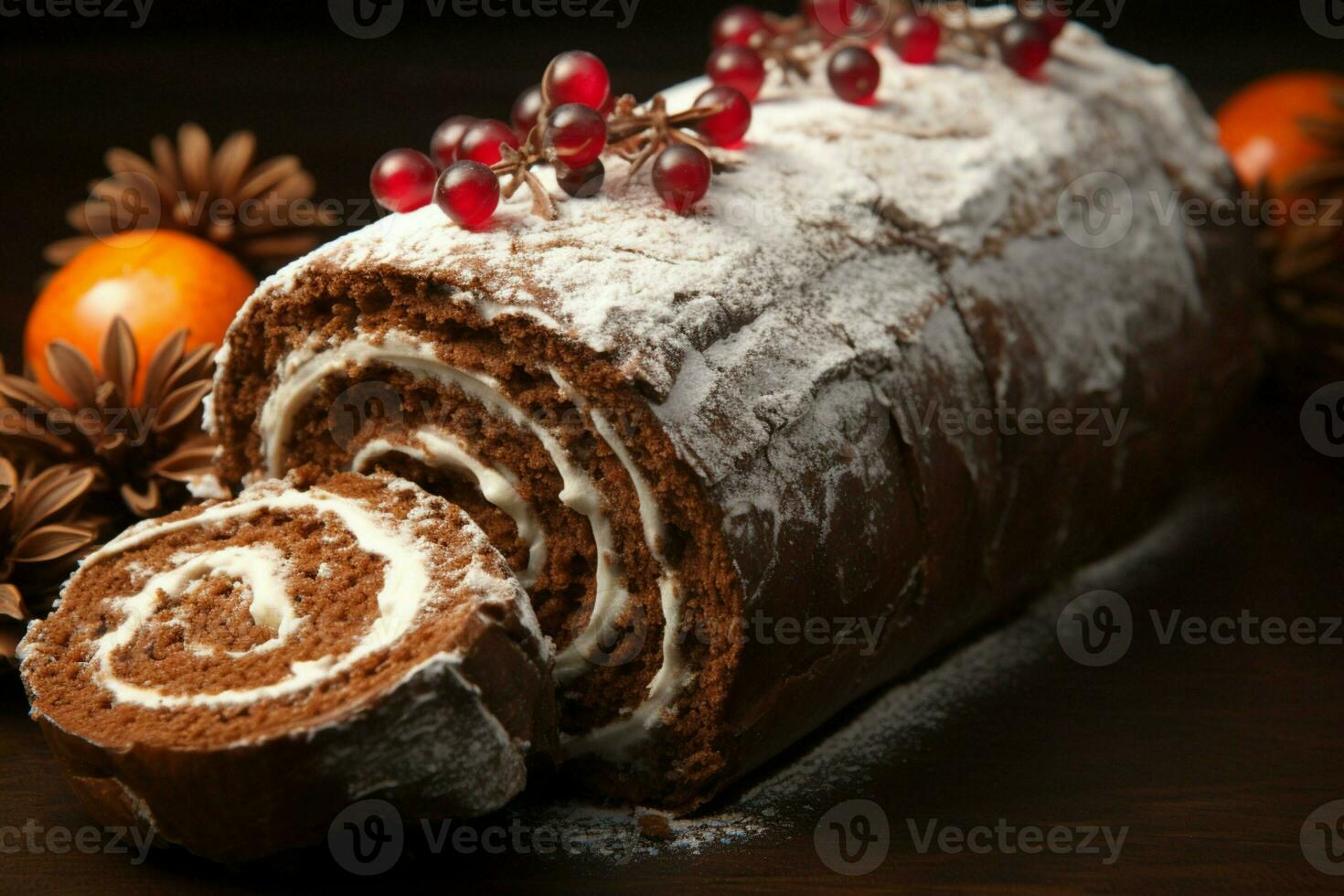 ai gegenereerd klassiek yule log een feestelijk traktatie Kerstmis taart gerold en versierd voor een verrukkelijk viering ai gegenereerd foto