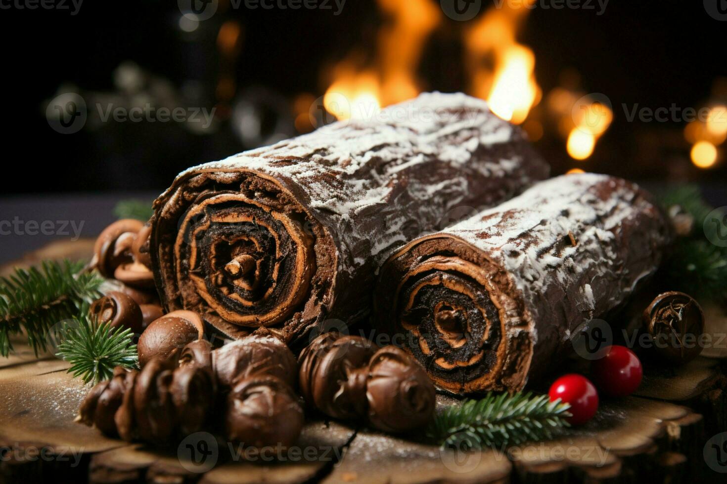 ai gegenereerd klassiek yule log een feestelijk traktatie Kerstmis taart gerold en versierd voor een verrukkelijk viering ai gegenereerd foto