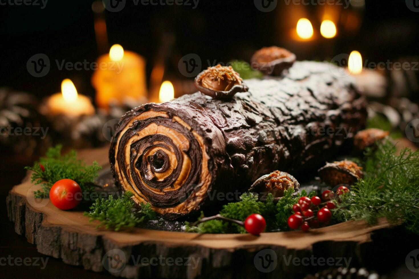 ai gegenereerd klassiek yule log een feestelijk traktatie Kerstmis taart gerold en versierd voor een verrukkelijk viering ai gegenereerd foto