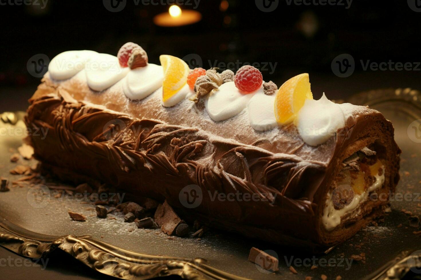 ai gegenereerd klassiek yule log een feestelijk traktatie Kerstmis taart gerold en versierd voor een verrukkelijk viering ai gegenereerd foto