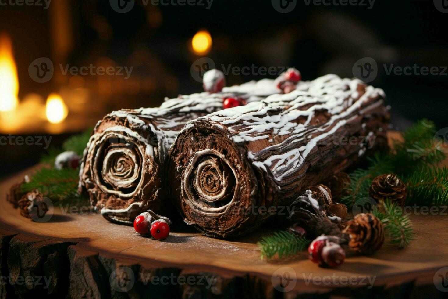 ai gegenereerd klassiek yule log een feestelijk traktatie Kerstmis taart gerold en versierd voor een verrukkelijk viering ai gegenereerd foto