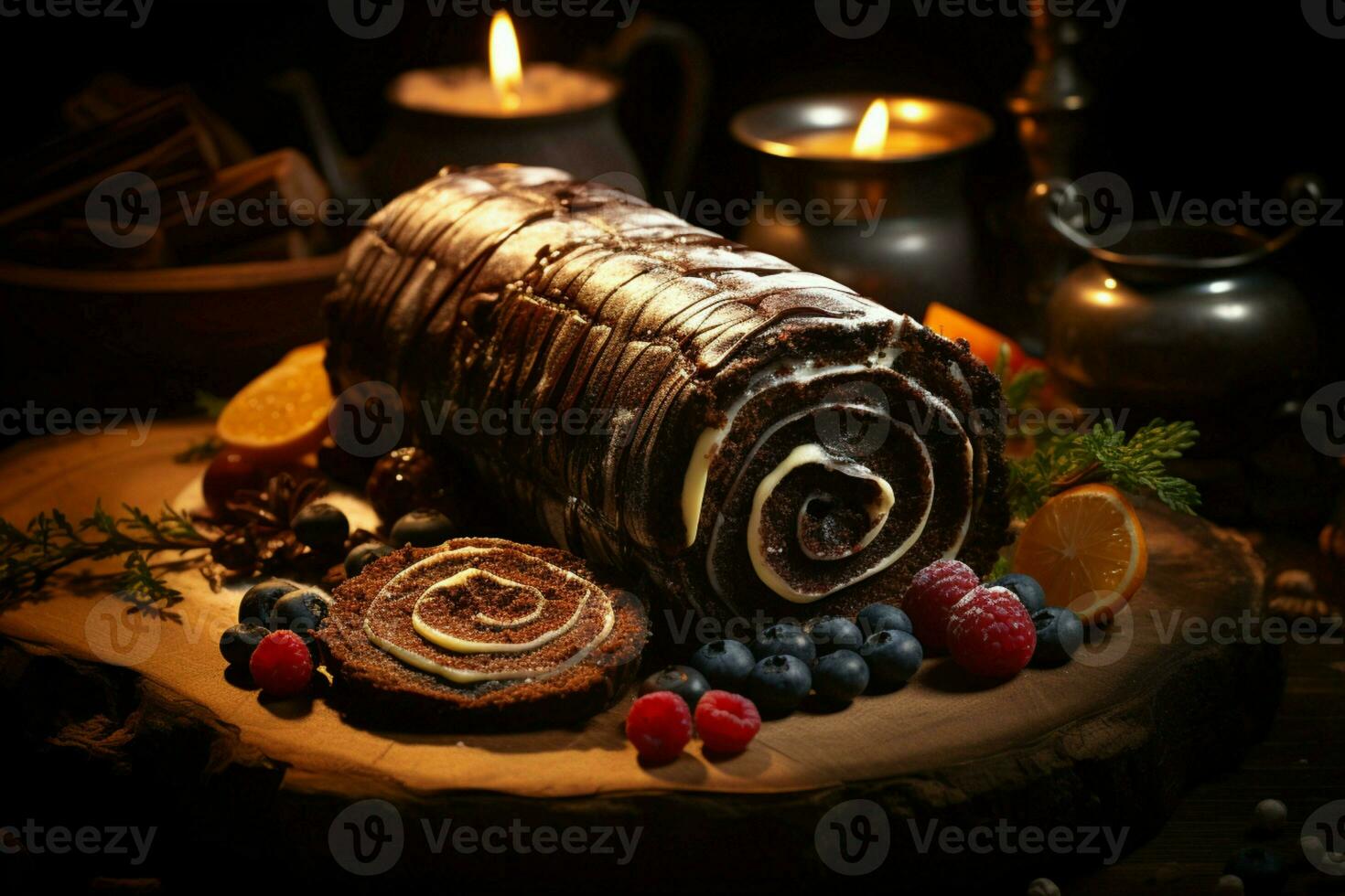 ai gegenereerd klassiek yule log een feestelijk traktatie Kerstmis taart gerold en versierd voor een verrukkelijk viering ai gegenereerd foto