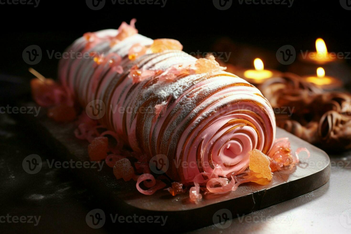 ai gegenereerd klassiek yule log een feestelijk traktatie Kerstmis taart gerold en versierd voor een verrukkelijk viering ai gegenereerd foto