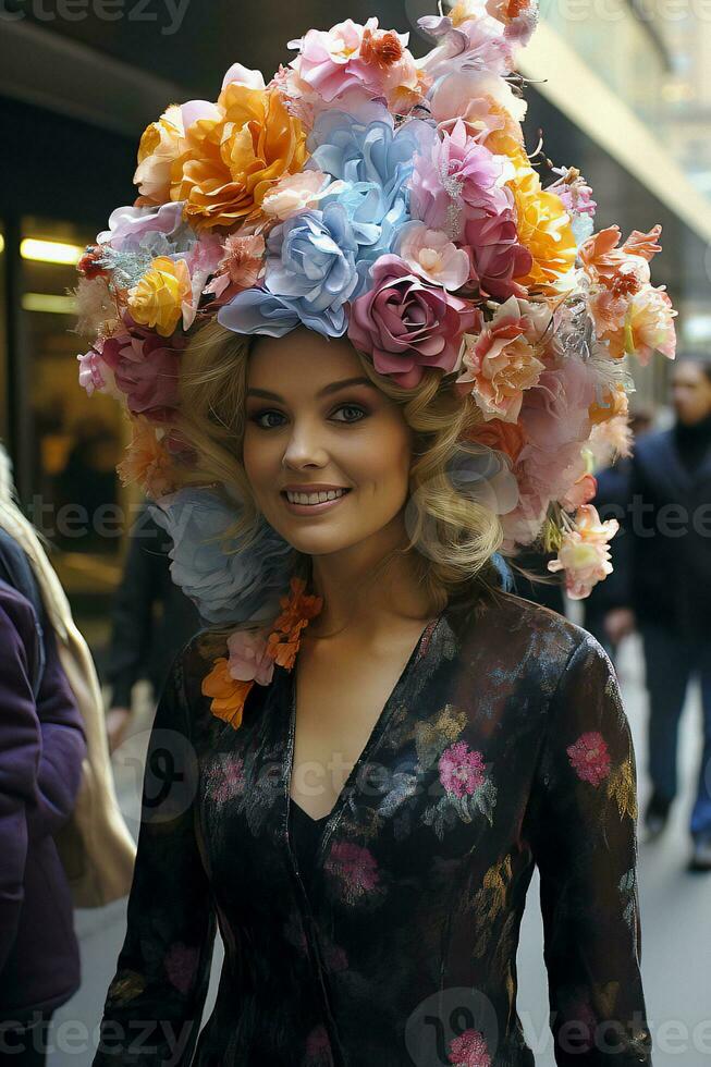 een stralend vrouw in een groot, kleurrijk bloemen hoed en een donker bloemen jurk Bij een feestelijk optocht, ai gegenereerd foto