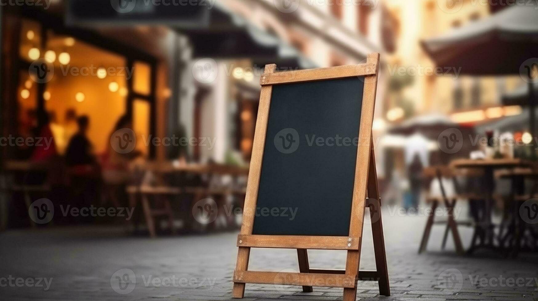 ai gegenereerd leeg schoolbord teken mockup in voorkant van een restaurant , menu bord met een straat cafe of restaurant, ai generatief foto