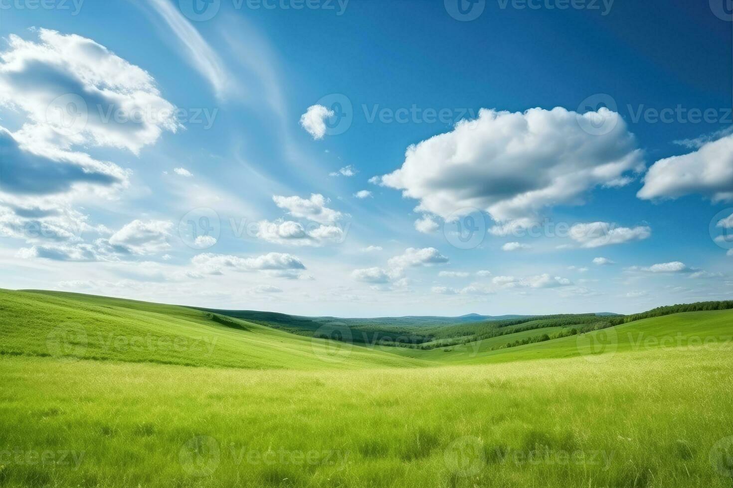ai gegenereerd landschap van groen gras veld- met blauw lucht en klein heuvels , zomer natuur landschap achtergrond, ai generatief foto