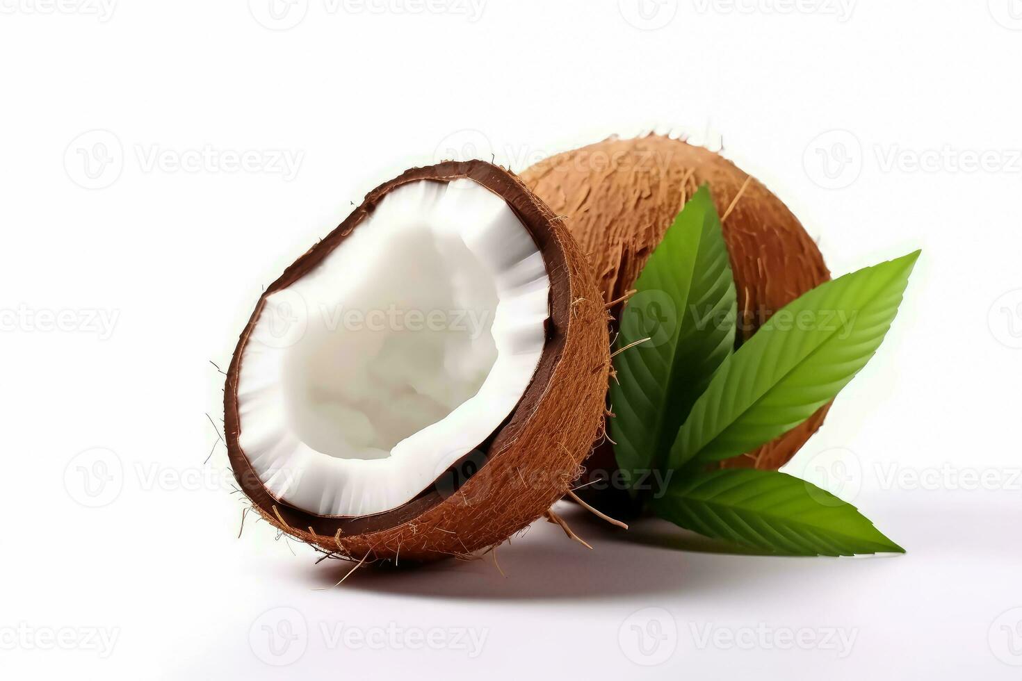 ai gegenereerd kokosnoot fruit plak voor de helft met groen bladeren geïsoleerd Aan wit achtergrond, ai generatief foto