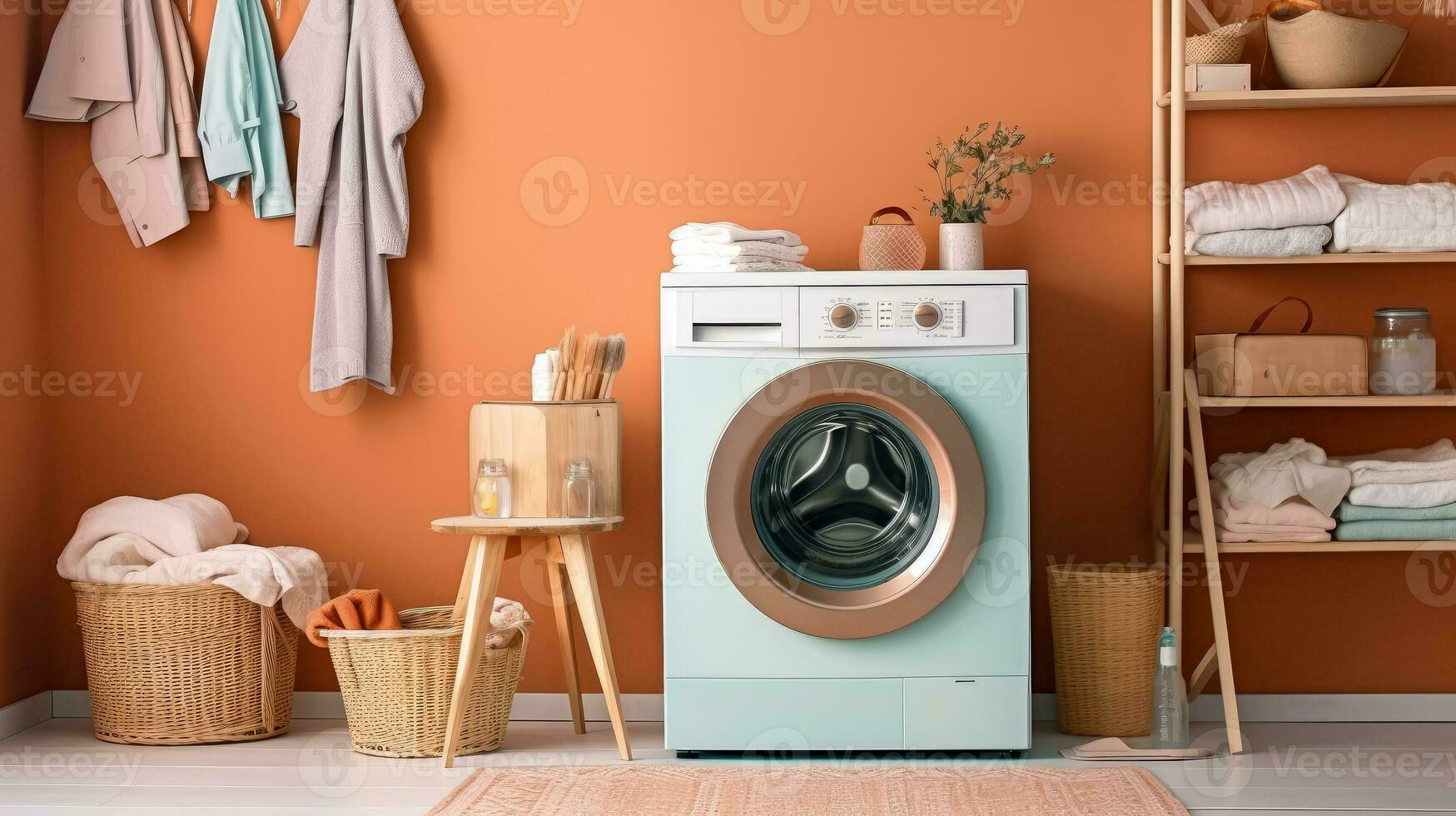 ai gegenereerd interieur schoon wit wasserij kamer met voorkant laden wasmachine en droger eenheden , ai generatief foto