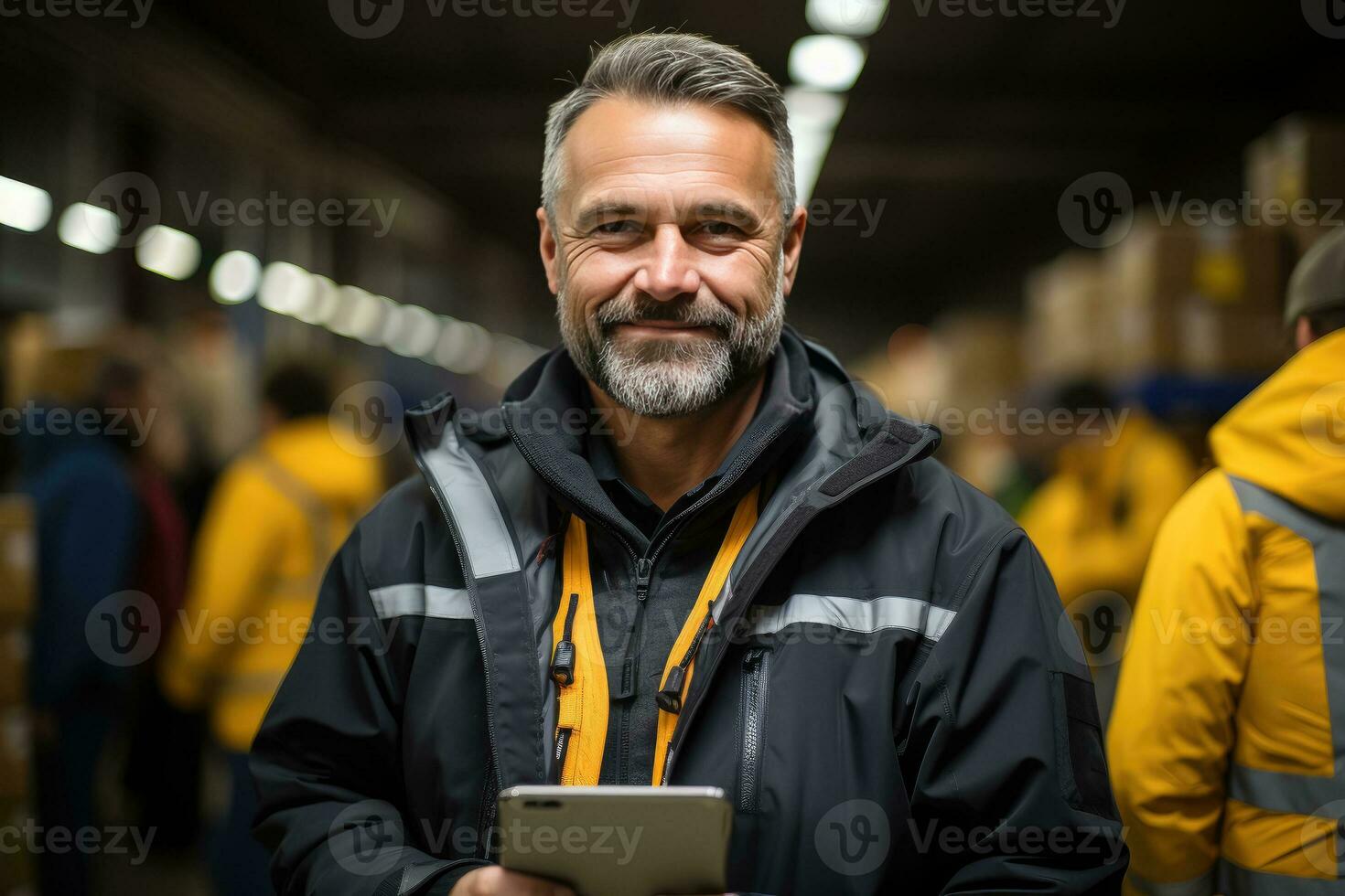 portret van midden- oud arbeider Holding een tablet staand in groot magazijn , werknemer in logistiek bedrijf in de buurt magazijn rekken , ai generatief foto