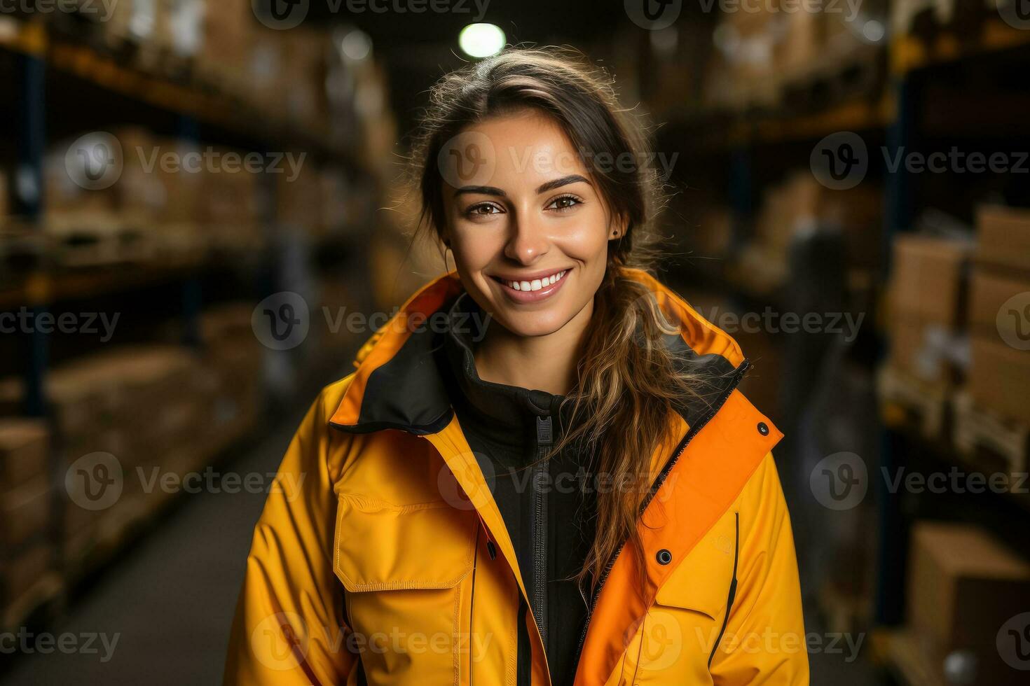 portret van midden- oud arbeider Holding een tablet staand in groot magazijn , werknemer in logistiek bedrijf in de buurt magazijn rekken, ai generatief foto