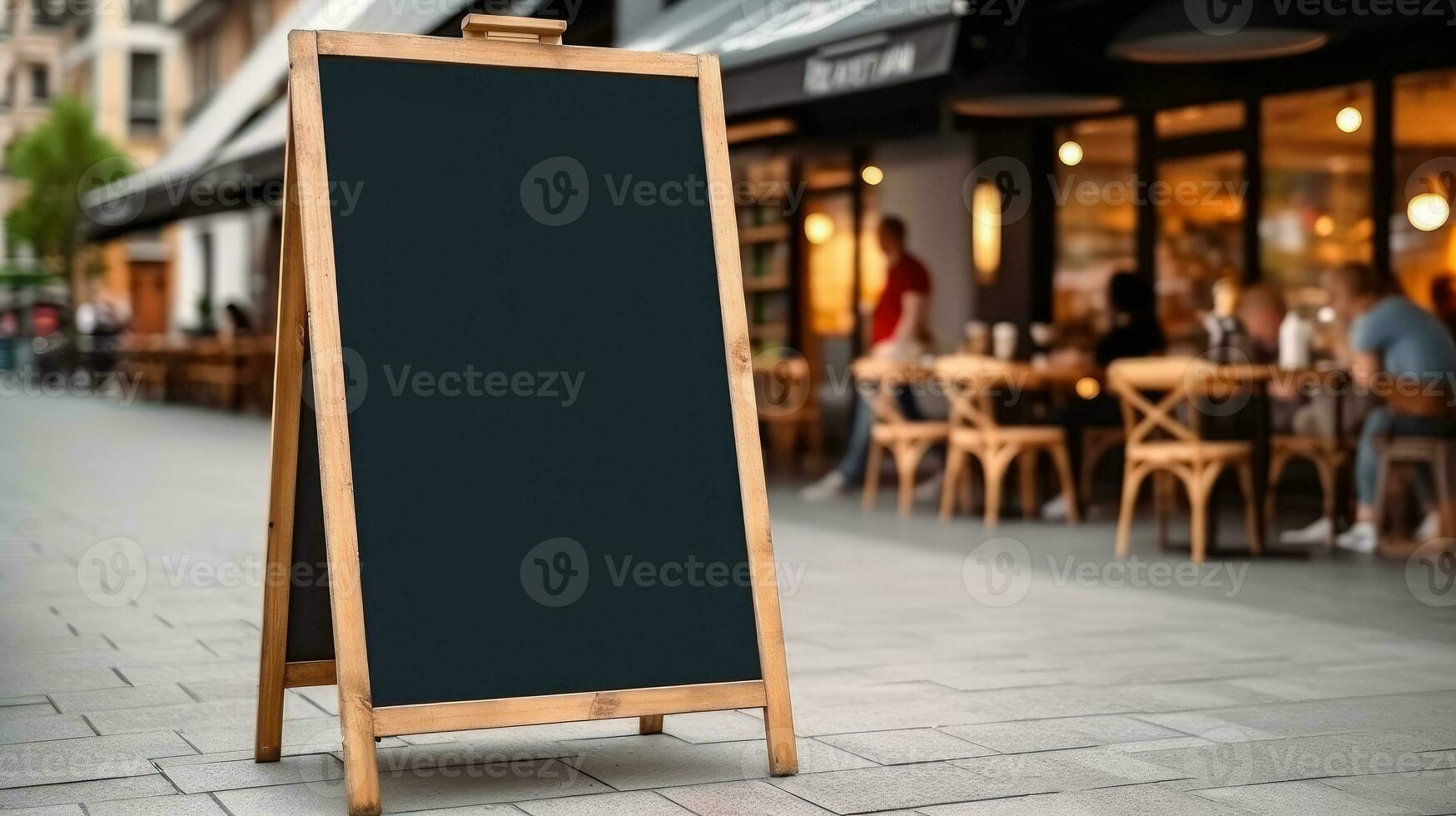 ai gegenereerd leeg schoolbord teken mockup in voorkant van een restaurant , menu bord met een straat cafe of restaurant, ai generatief foto