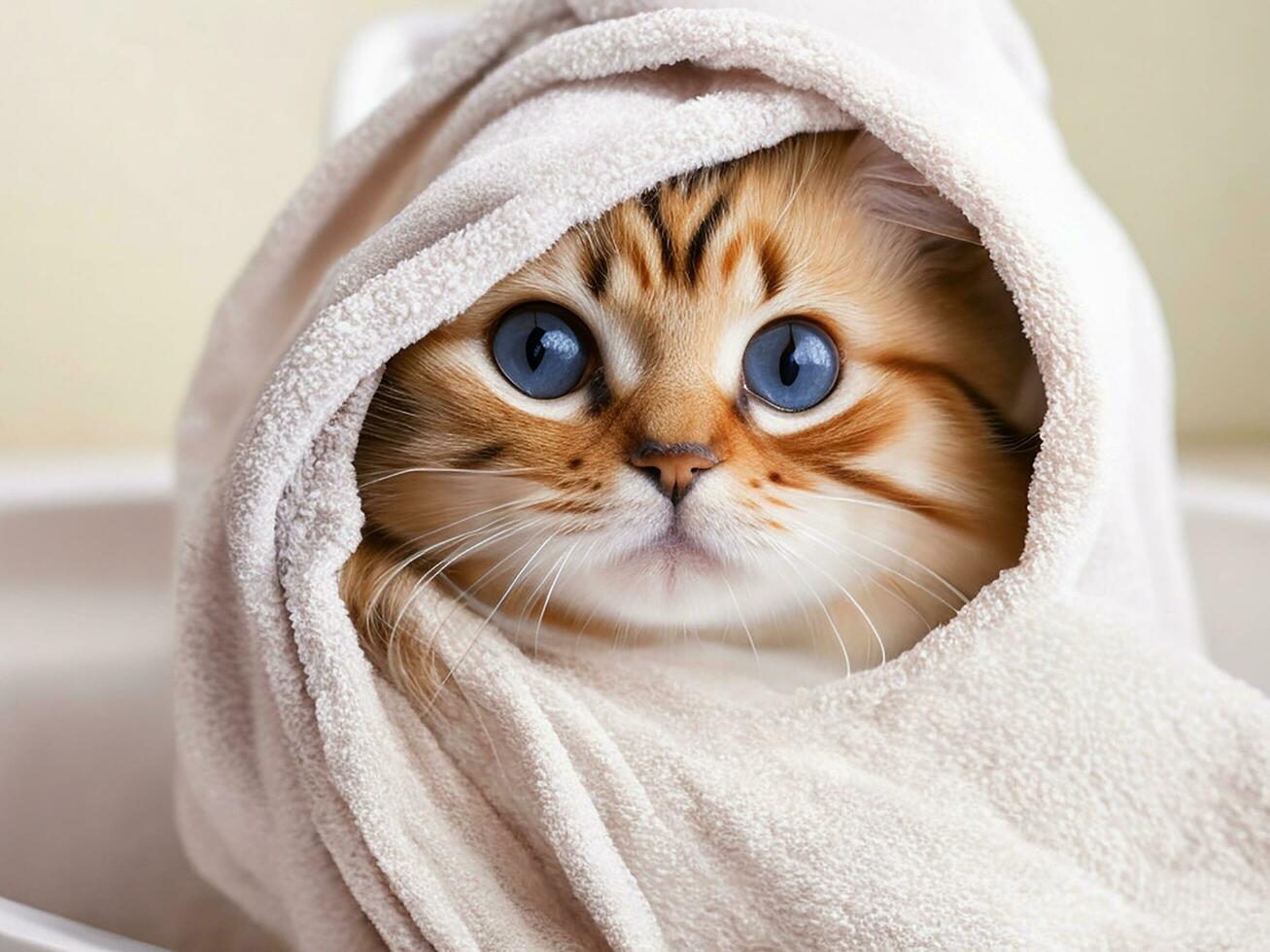 ai gegenereerd schattig kat verpakt in een bad handdoek ai gegenereerd foto