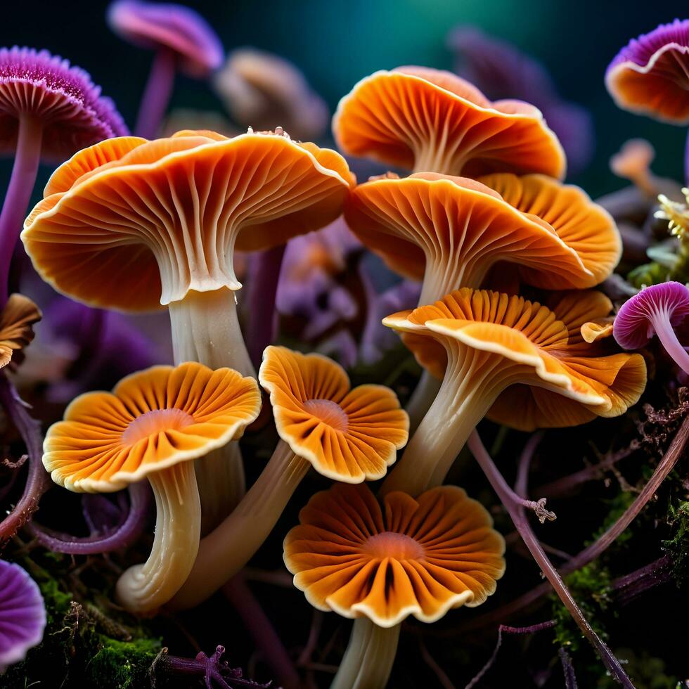 ai gegenereerd een groep van oranje en Purper champignons. foto