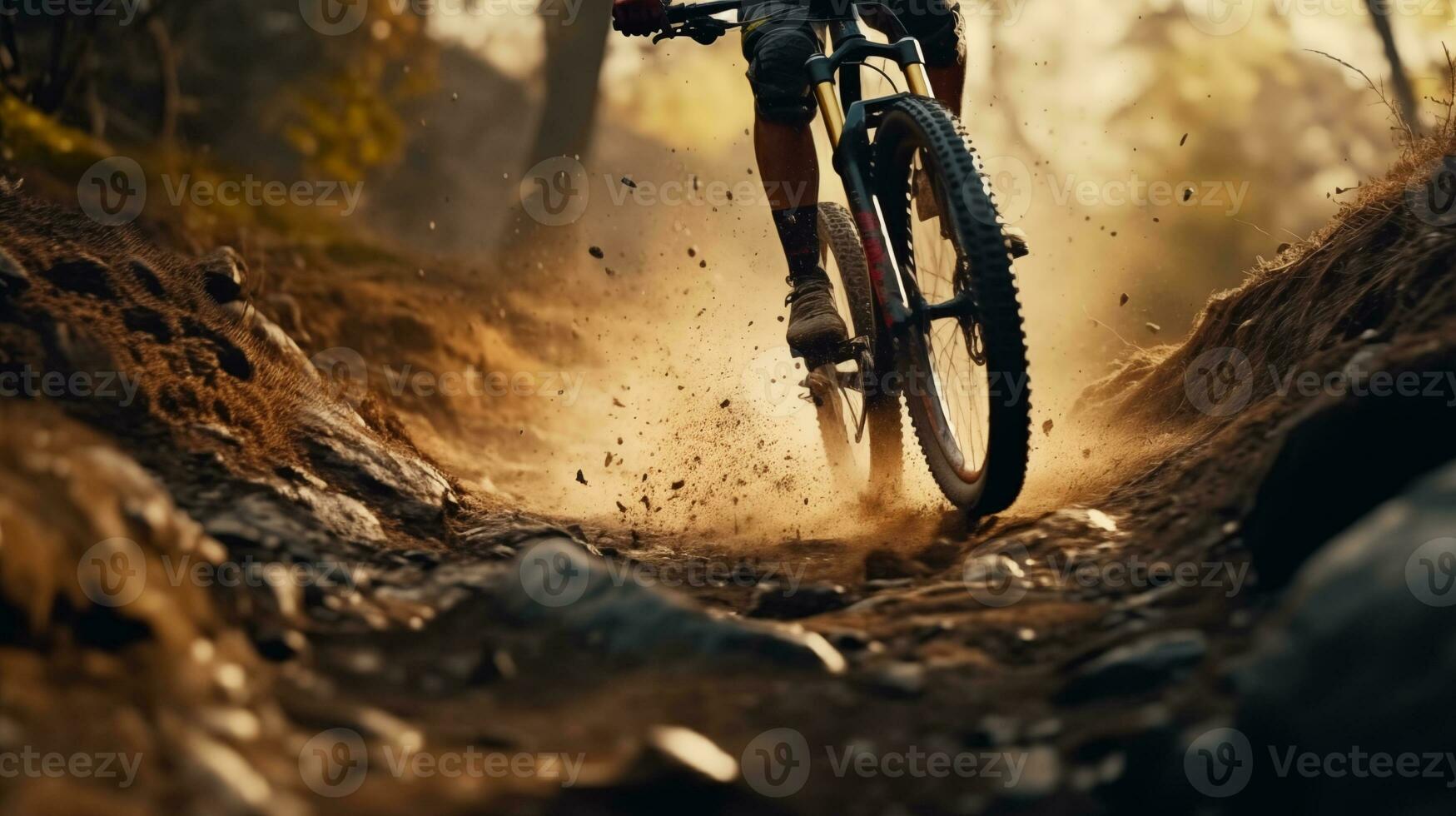 ai gegenereerd een Mens rijden een berg fiets naar beneden een aarde weg foto