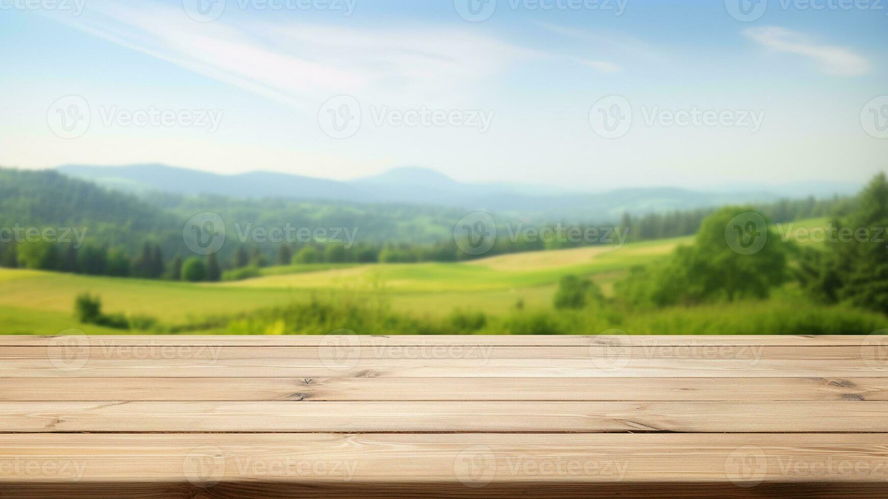 ai gegenereerd blanco houten tafel top met vervagen groen weide visie voor biologisch Product reclame achtergrond foto