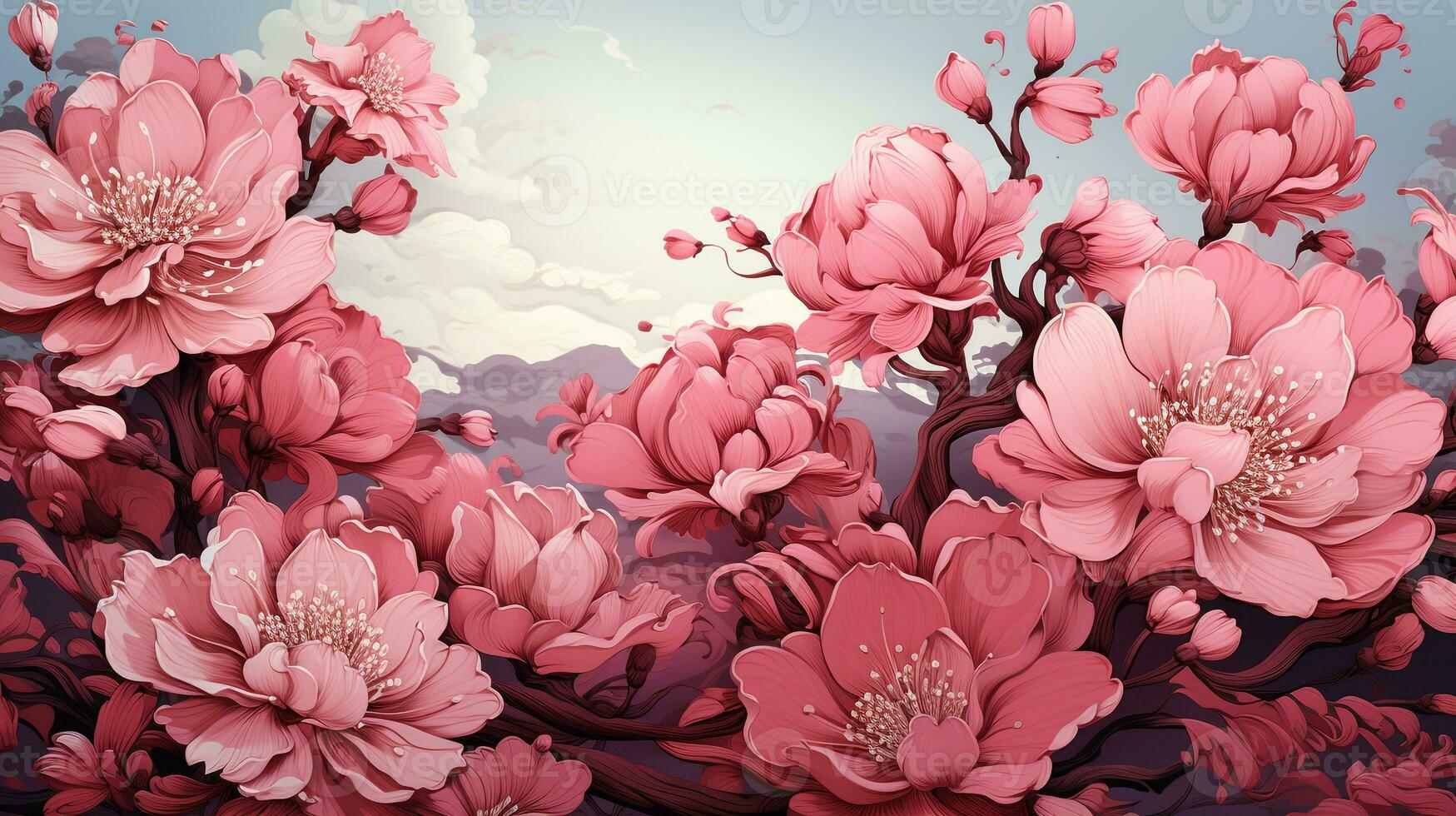 ai gegenereerd roze bloemen lijn kunst achtergrond foto
